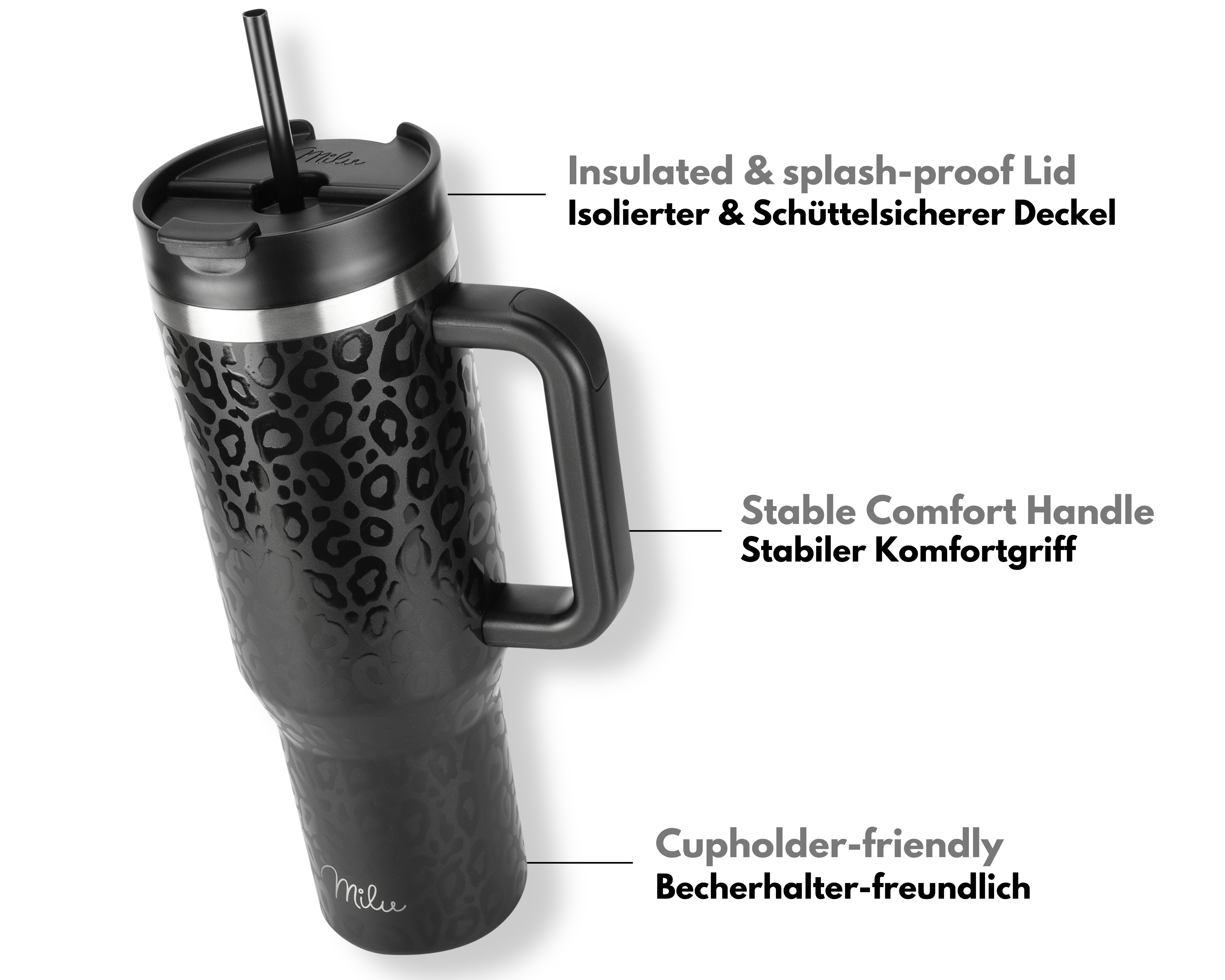 Milu Edelstahl Tumbler-Set 1200 ml, 3-tlg., 3D Leoparden-Print, mit Trinkhalm