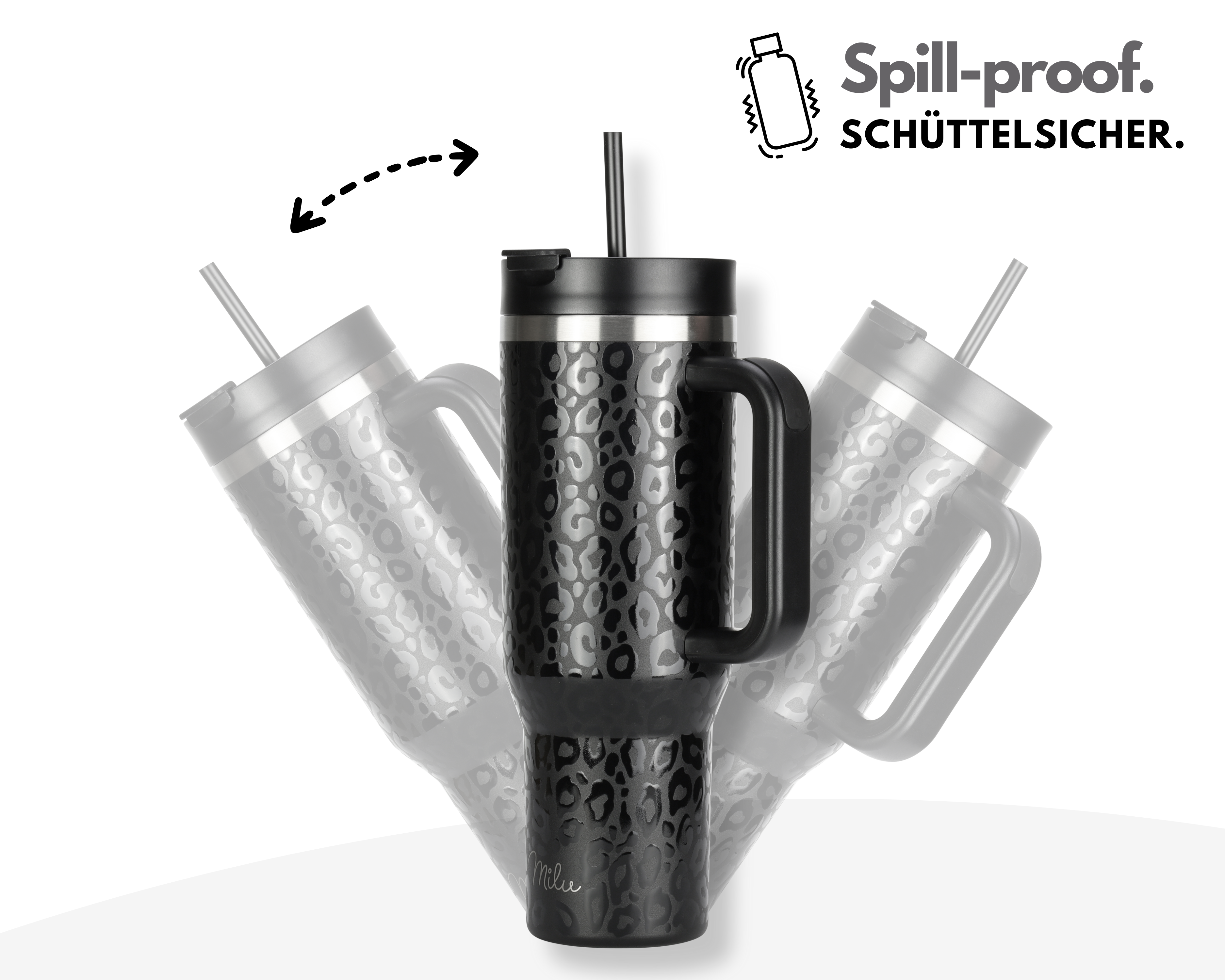 Milu Edelstahl Tumbler-Set 1200 ml, 3-tlg., 3D Leoparden-Print, mit Trinkhalm