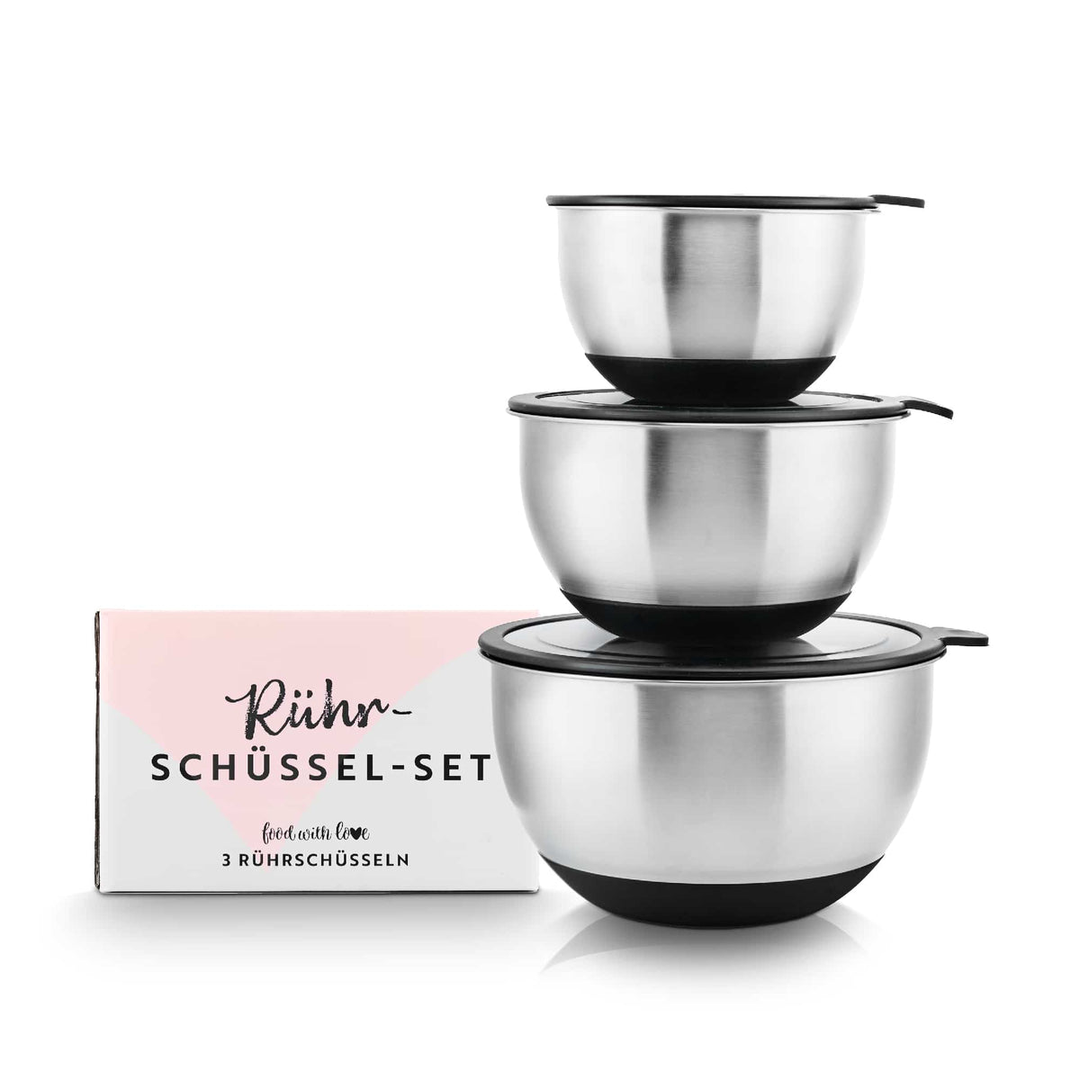 Rührschüssel 3er-Set «food with love» mit luftdichtem Deckel
