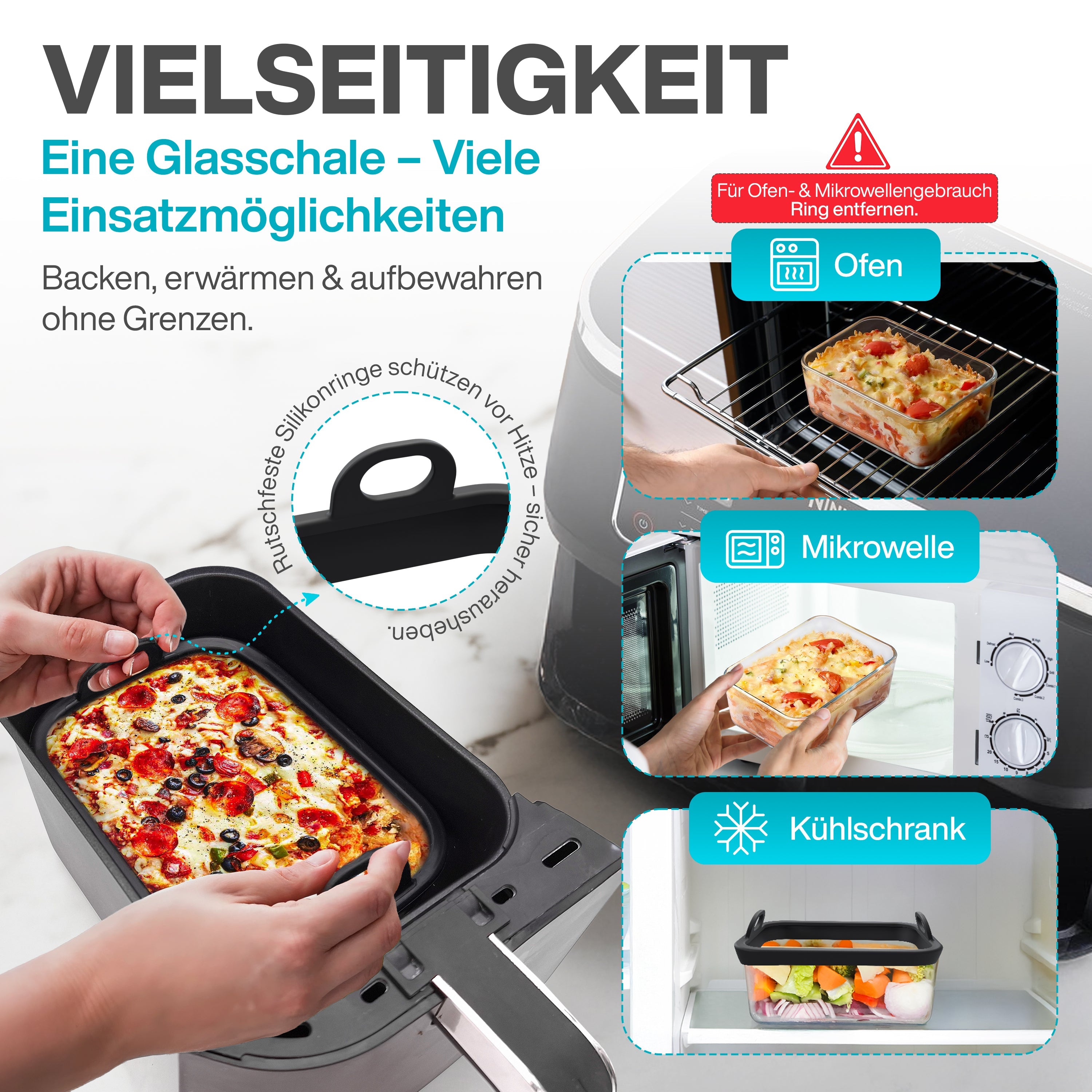 VentiFry Glasauflaufform für Airfryer mit Silikongriffen