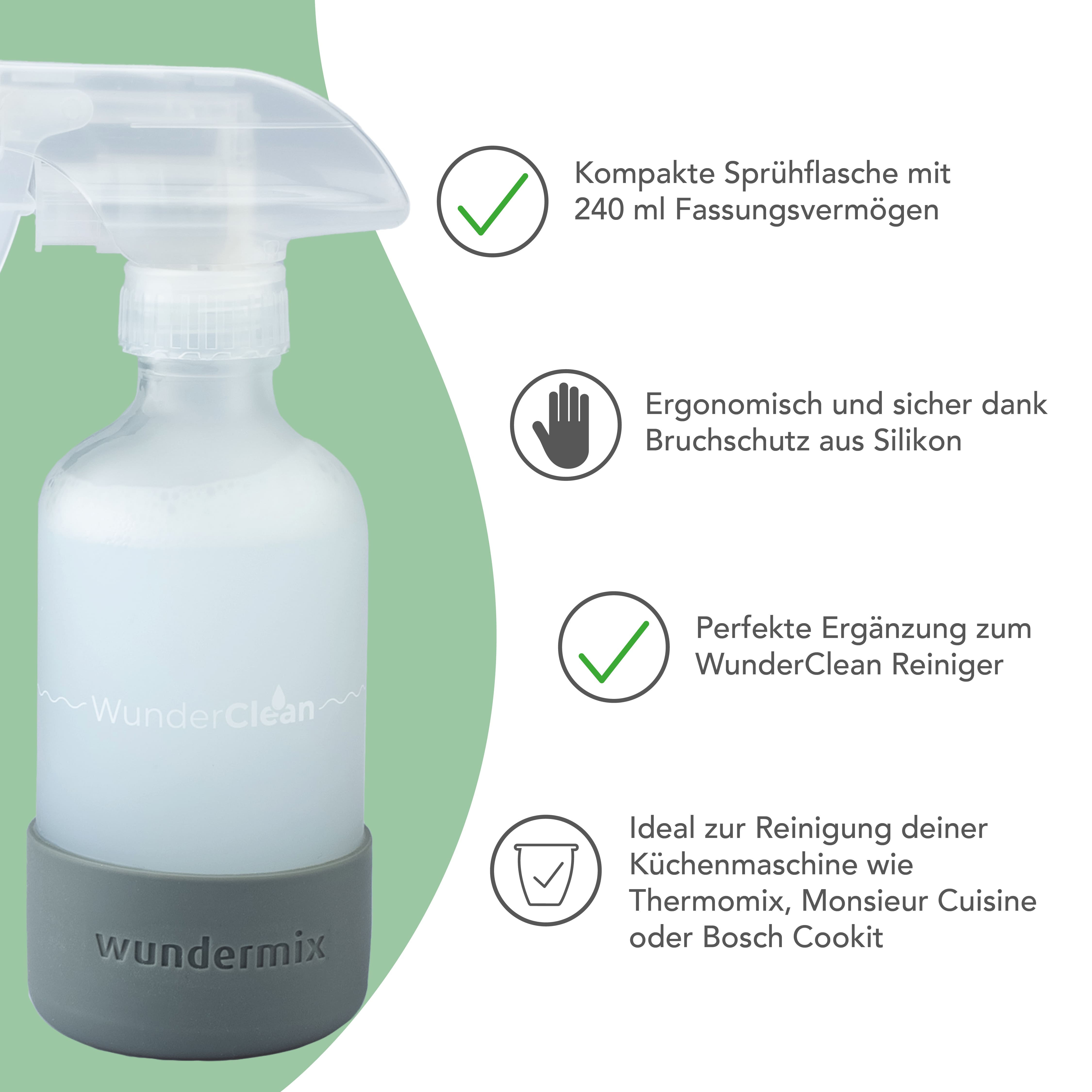 WunderClean Sprühflasche | 240 ml Glasflasche mit Silikon-Bruchschutz für WunderClean Reiniger