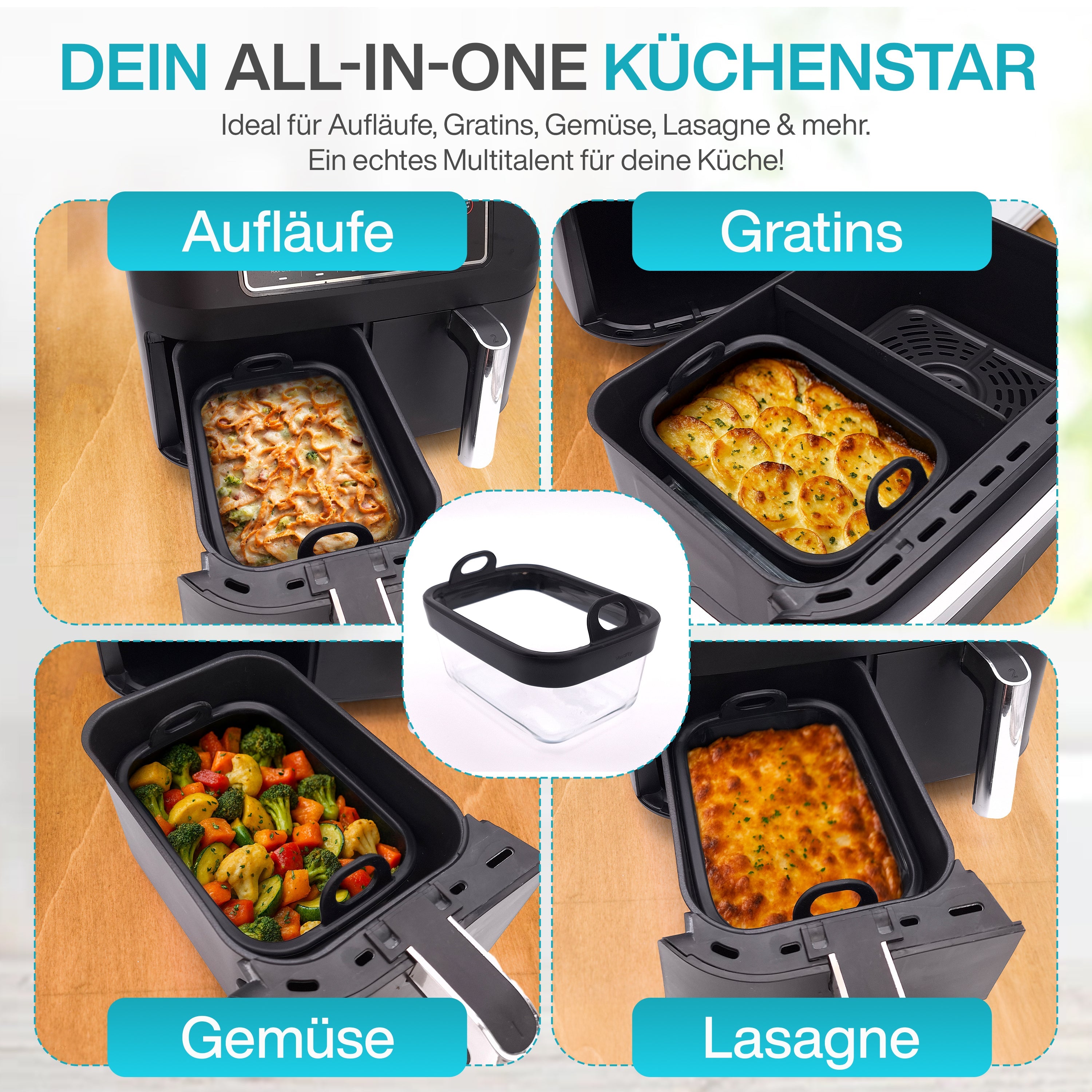 VentiFry Glasauflaufform für Airfryer mit Silikongriffen
